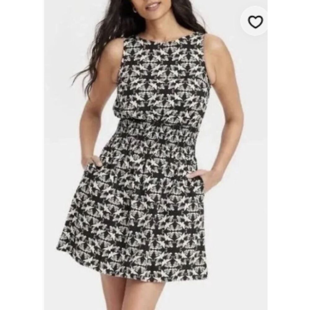 Universal Thread Black & Cream Smocked Waist Mini Dress Bird Print Pockets L